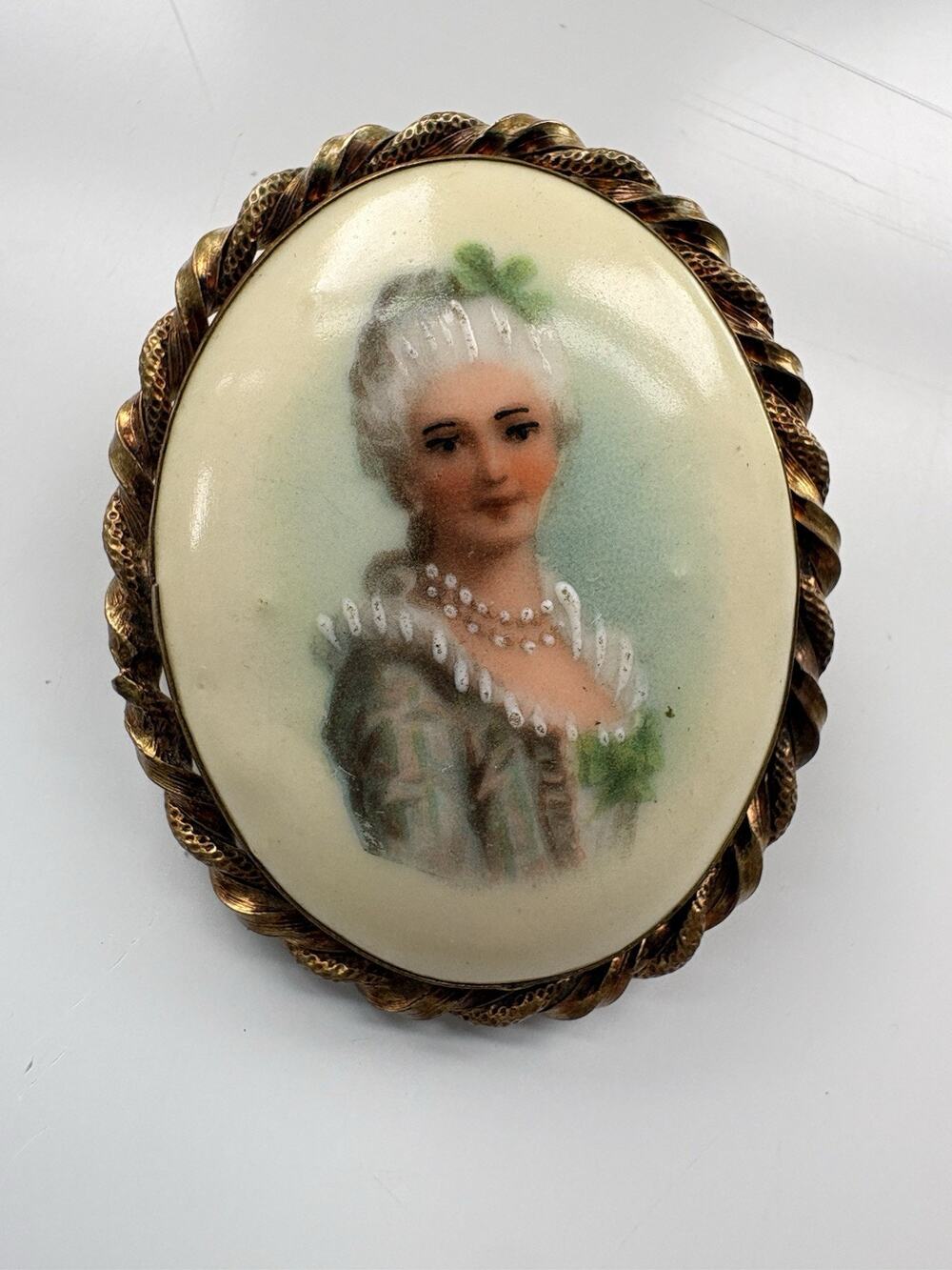 Antique Portrait Brooch 1800's Porcelain Painted En Relief Oval Pin